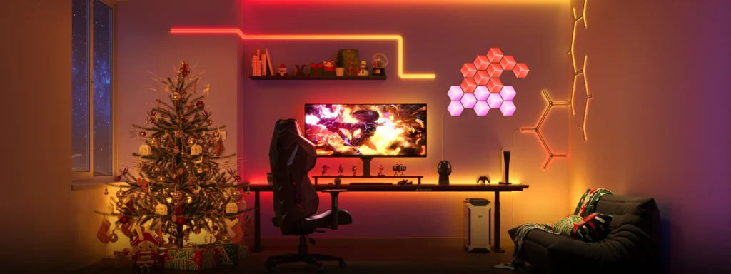 Gaming room with orange lighting.