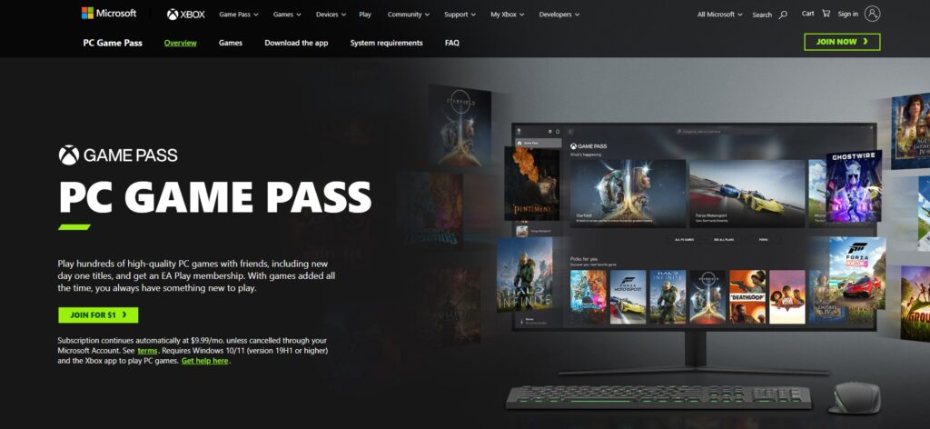 XBox Game pass subscription page 