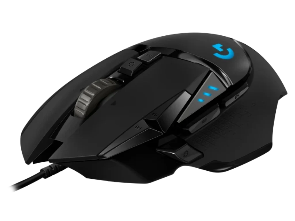 Gaming mouse with blue RGB lighting.