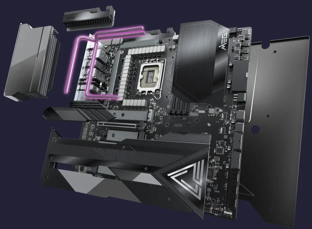 Exploded view of a gaming Motherboard.