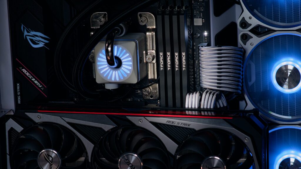 Inside of a gaming pc with blue rgb lighting.