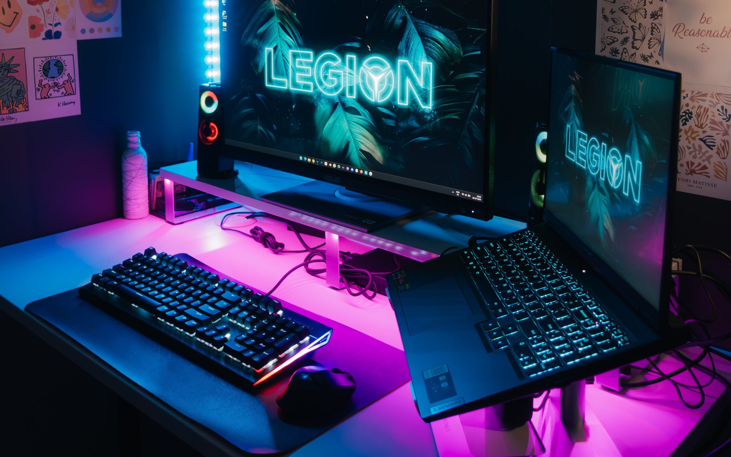 Gaming desk setup with rgb lighting.