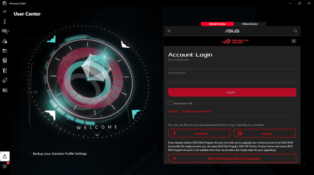 Screenshot of Asus Rog Armory Crate software