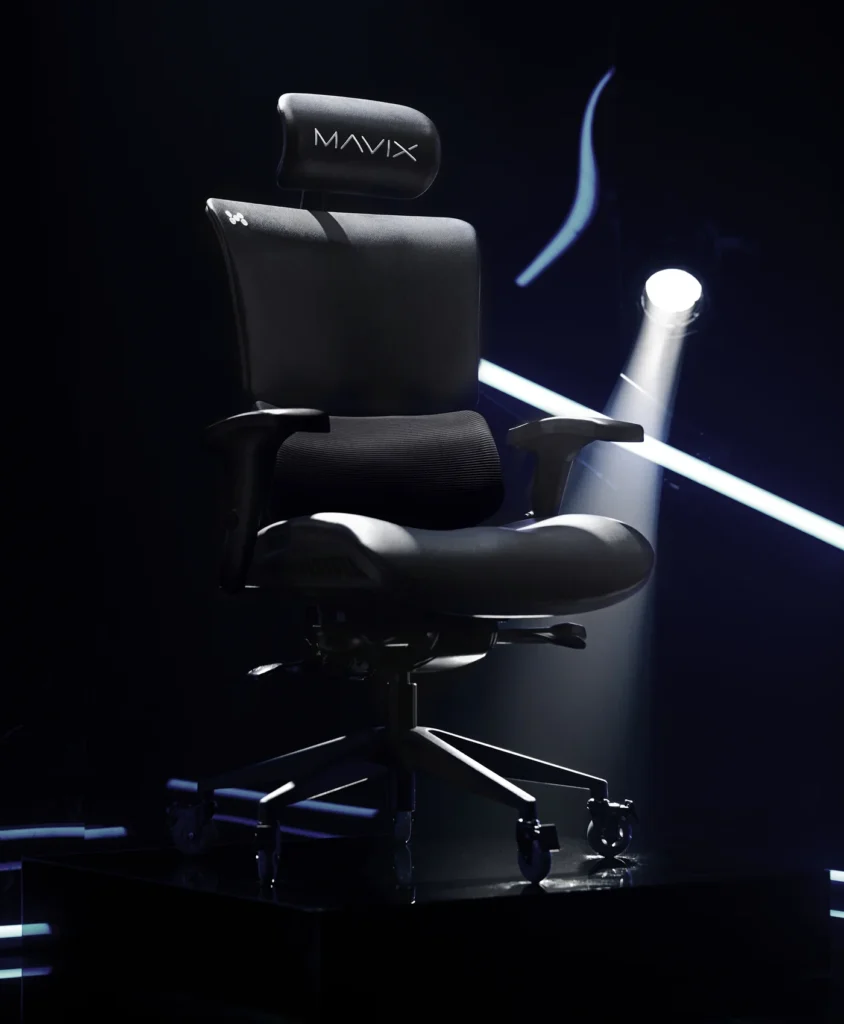 A gaming chair in an office looking style. Dark background and spotlights.