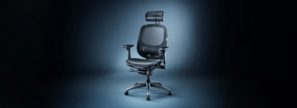 A gaming chair in an office looking style. Dark background.